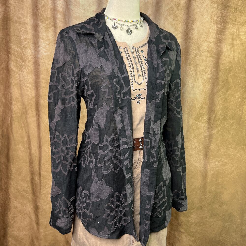 Y2K Floral Burnout Shirt Long Sleeve Button Up Black Purple Indie Grunge 2000s